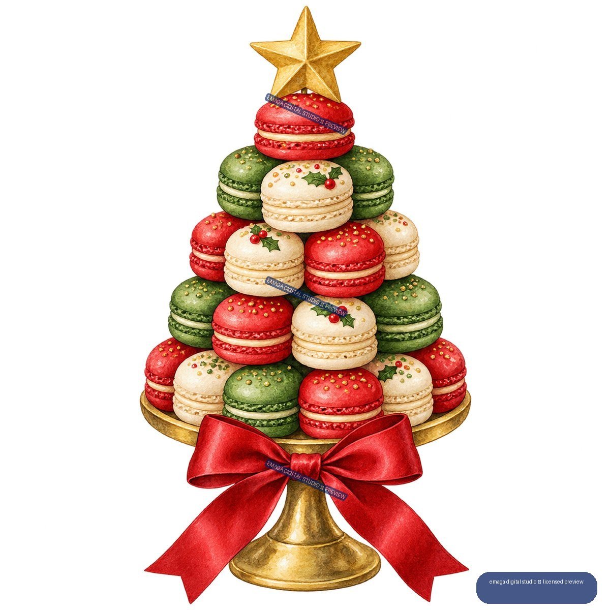 Christmas tree made of red, green, and cream macarons on a gold stand, topped with a gold star and finished with a large red bow.