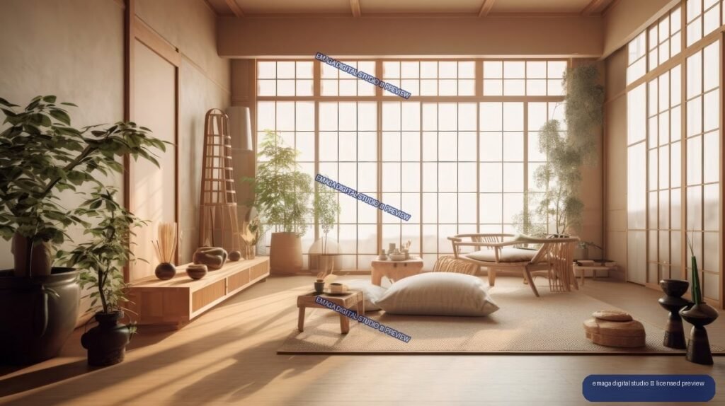 Warm minimalist Japandi living room with wooden floors, shoji-style windows, low furniture, cushions, ceramics, and many indoor plants.