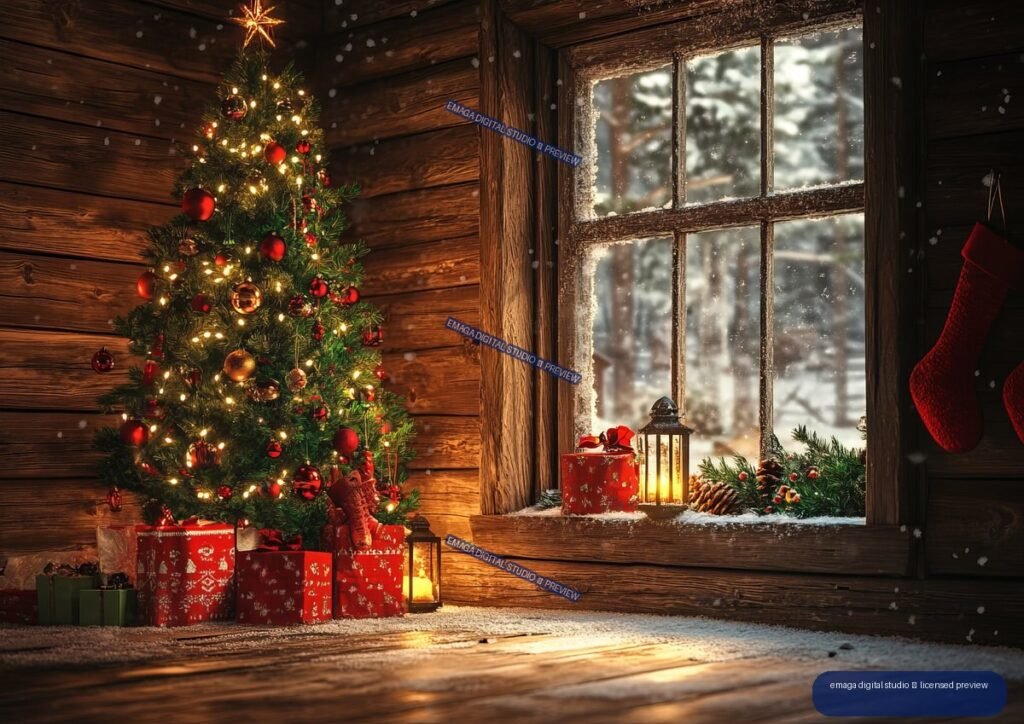 Rustic wooden cabin interior with a glowing decorated Christmas tree, wrapped presents, stockings, lantern, and snowy window.
