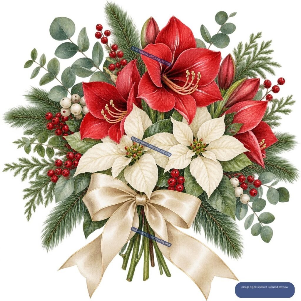 Watercolor Christmas bouquet with red amaryllis, white poinsettias, evergreen branches, berries, eucalyptus leaves, and a cream ribbon.