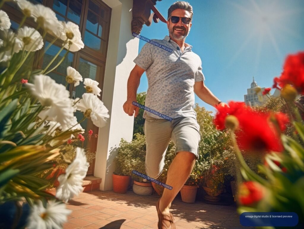 Smiling man in sunglasses walking through a sunny patio surrounded by white and red flowers.