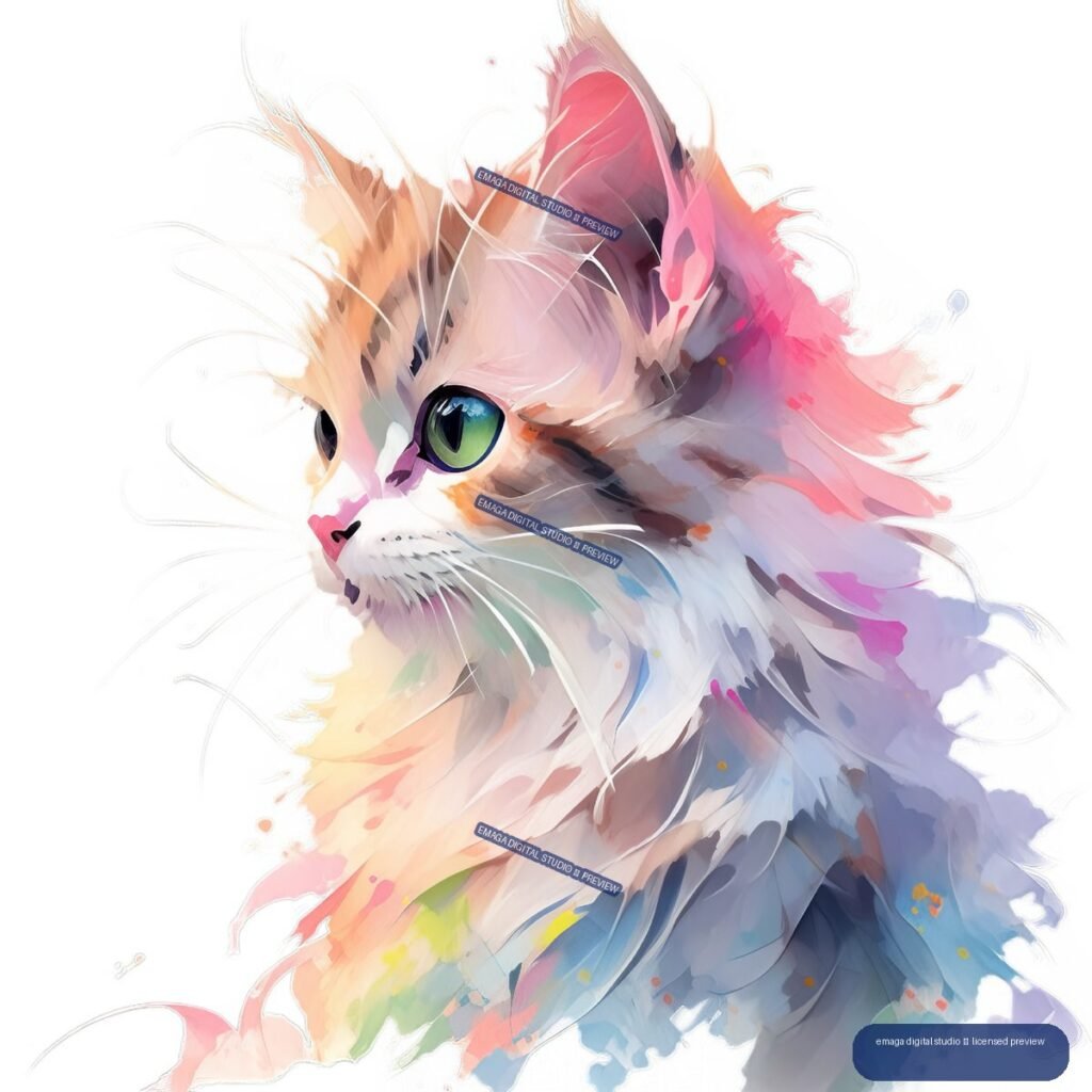 Colorful watercolor cat portrait in three-quarter profile with green eyes and flowing pink, blue, purple, and orange brushstrokes.