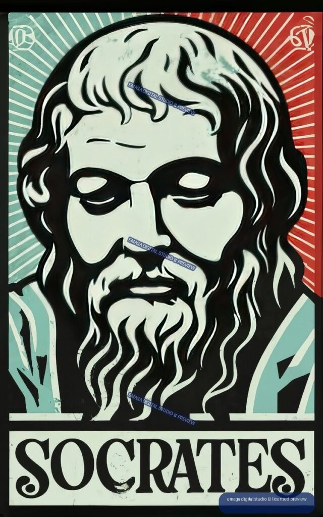 Stylized frontal portrait of Socrates with long hair and beard, radial teal and red rays, and the word SOCRATES below.