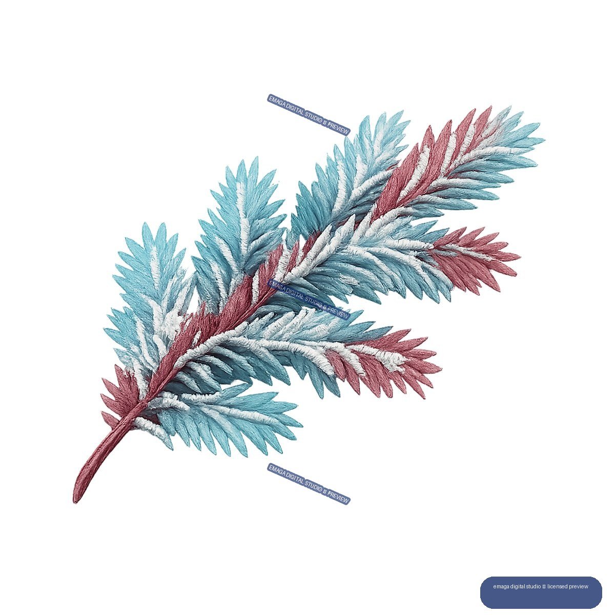 Blue, white, and burgundy evergreen branch with layered needle-like sprigs, shown as an isolated botanical element.
