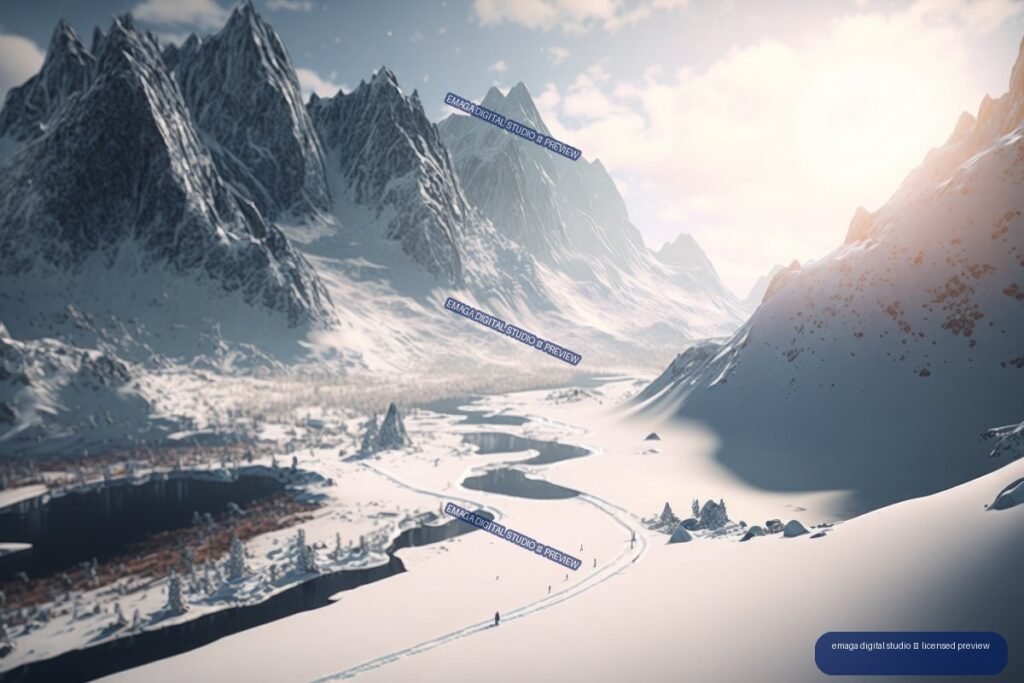 Snow-covered mountain peaks surround a winding frozen valley with tracks, buildings, and tiny figures beneath warm sunlight.