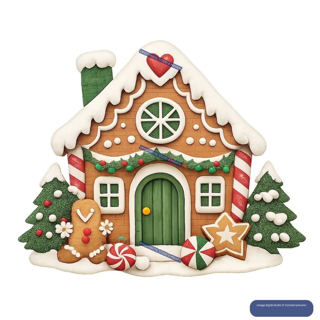 Whimsical gingerbread Christmas cottage with snowy icing, evergreen trees, candy canes, peppermint candies, and cookies.