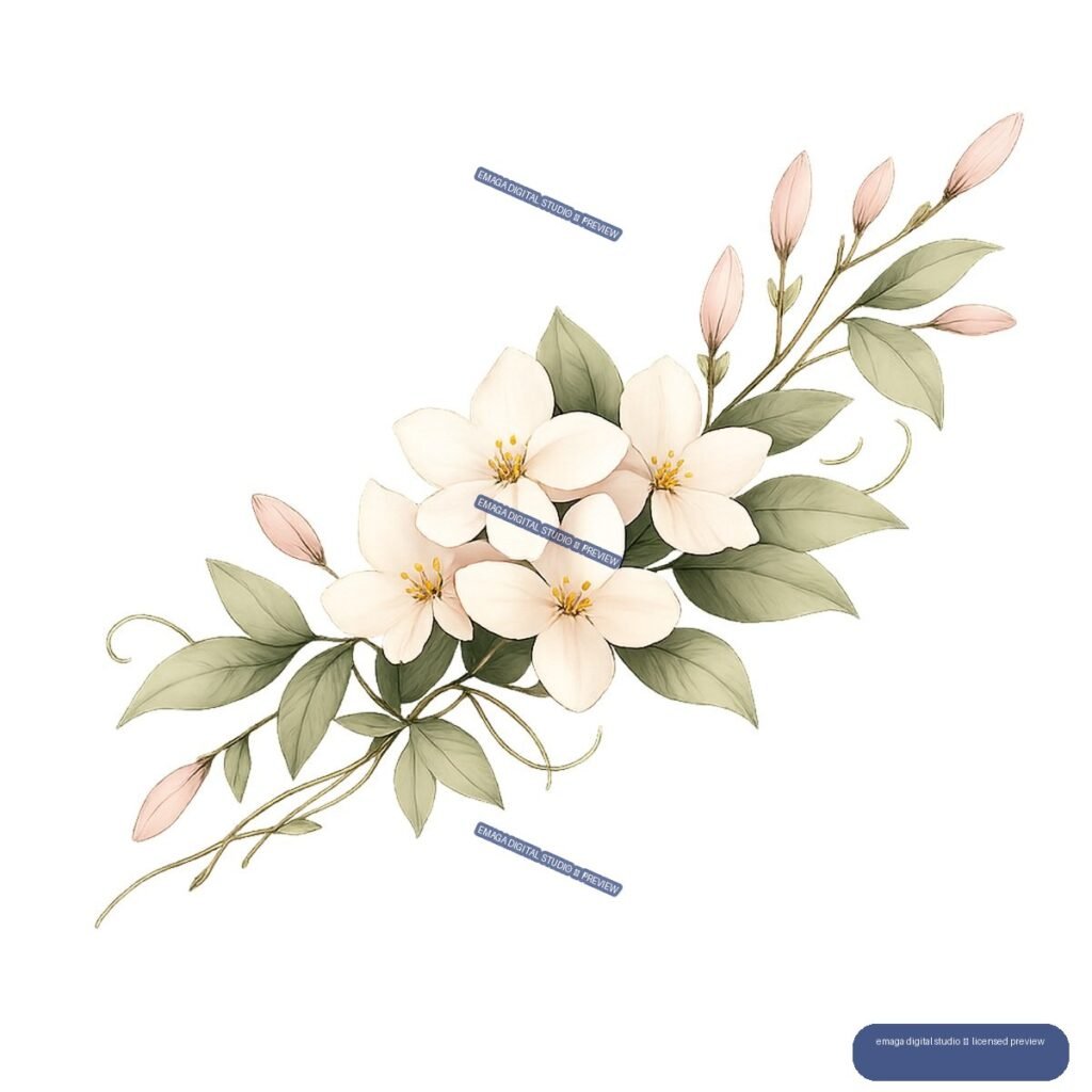 Watercolor-style botanical sprig with white flowers, green leaves, curling stems, and pale pink buds.