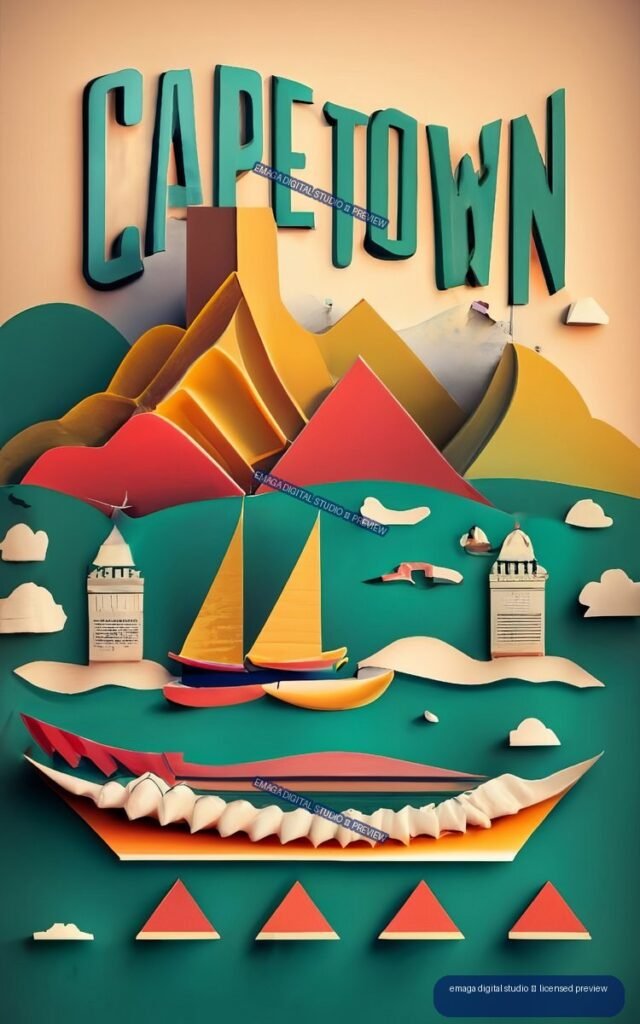 Vertical stylized poster with large teal CAPE TOWN lettering above geometric mountains, boats, waterfront buildings, clouds, and colorful coastal motifs.