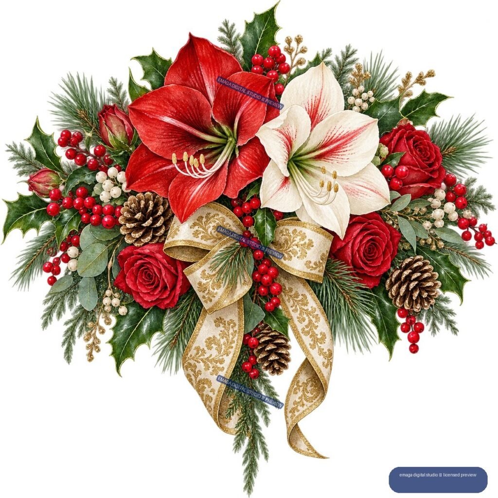 Festive watercolor arrangement with red and white flowers, holly, pine branches, berries, pinecones, and a gold-trimmed ribbon bow.