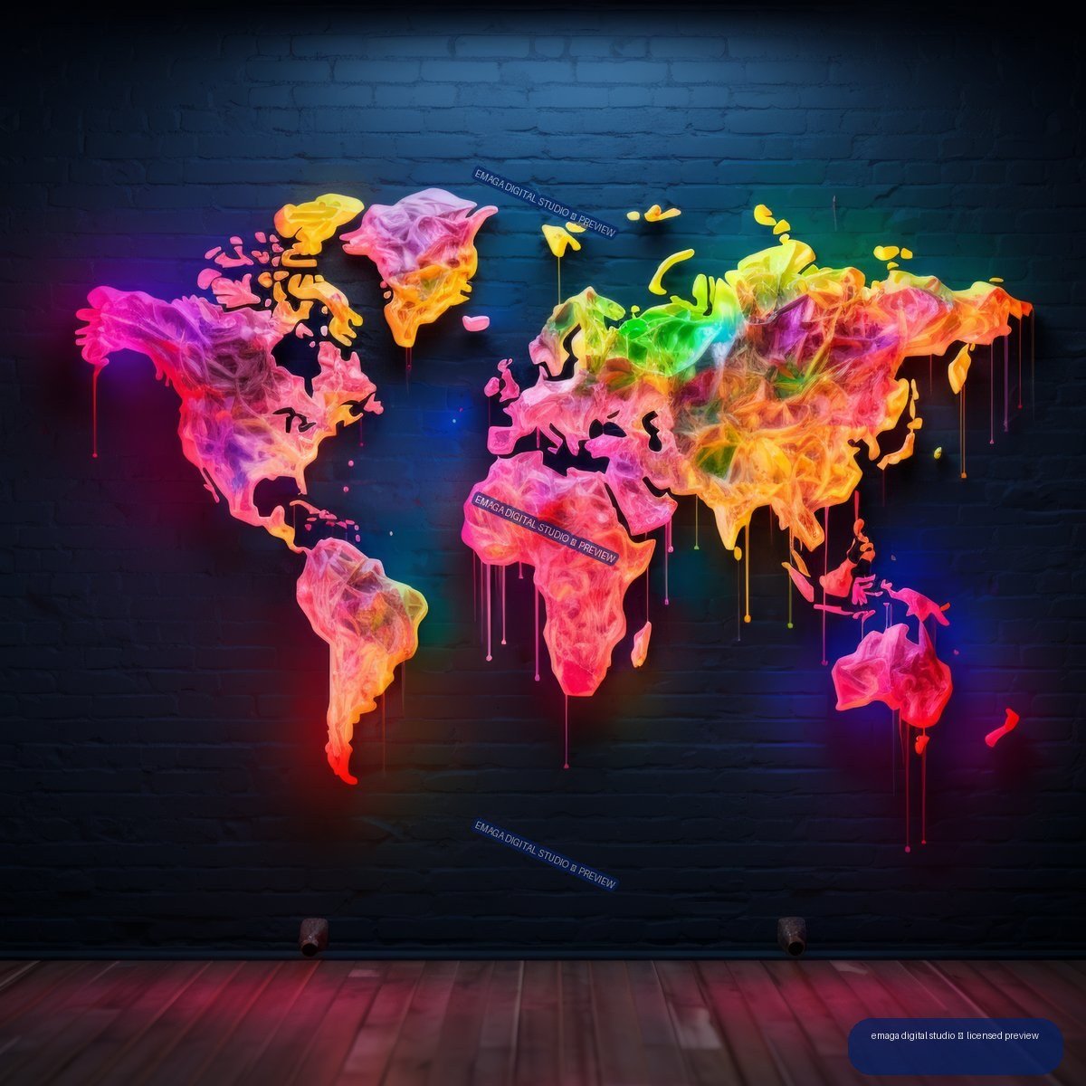 Bright multicolored graffiti-style world map with dripping paint on a dark blue brick wall above a reddish wooden floor.