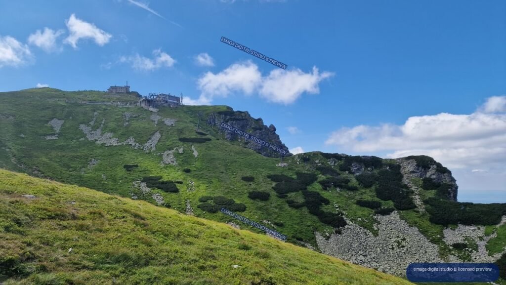 Green alpine mountain ridge with summit buildings, rocky slopes, shrubs, and white clouds beneath a blue sky.