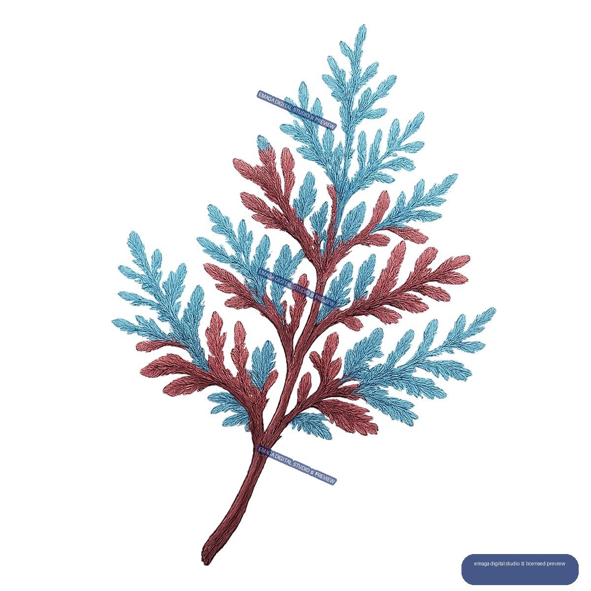 A branching botanical sprig with blue and burgundy feathery leaves.