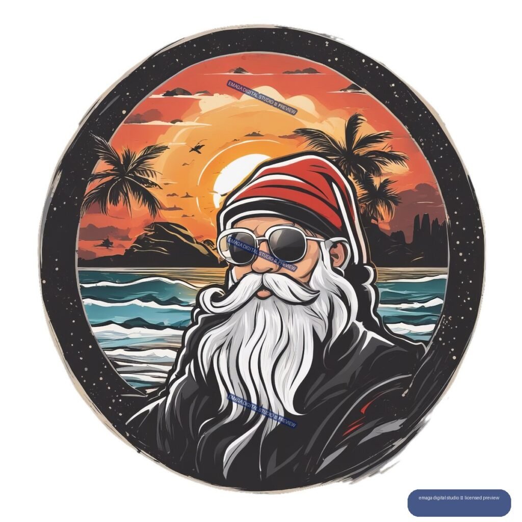 Stylized Santa Claus with sunglasses and a striped hat framed by a circular tropical beach sunset scene with palm trees and ocean waves.