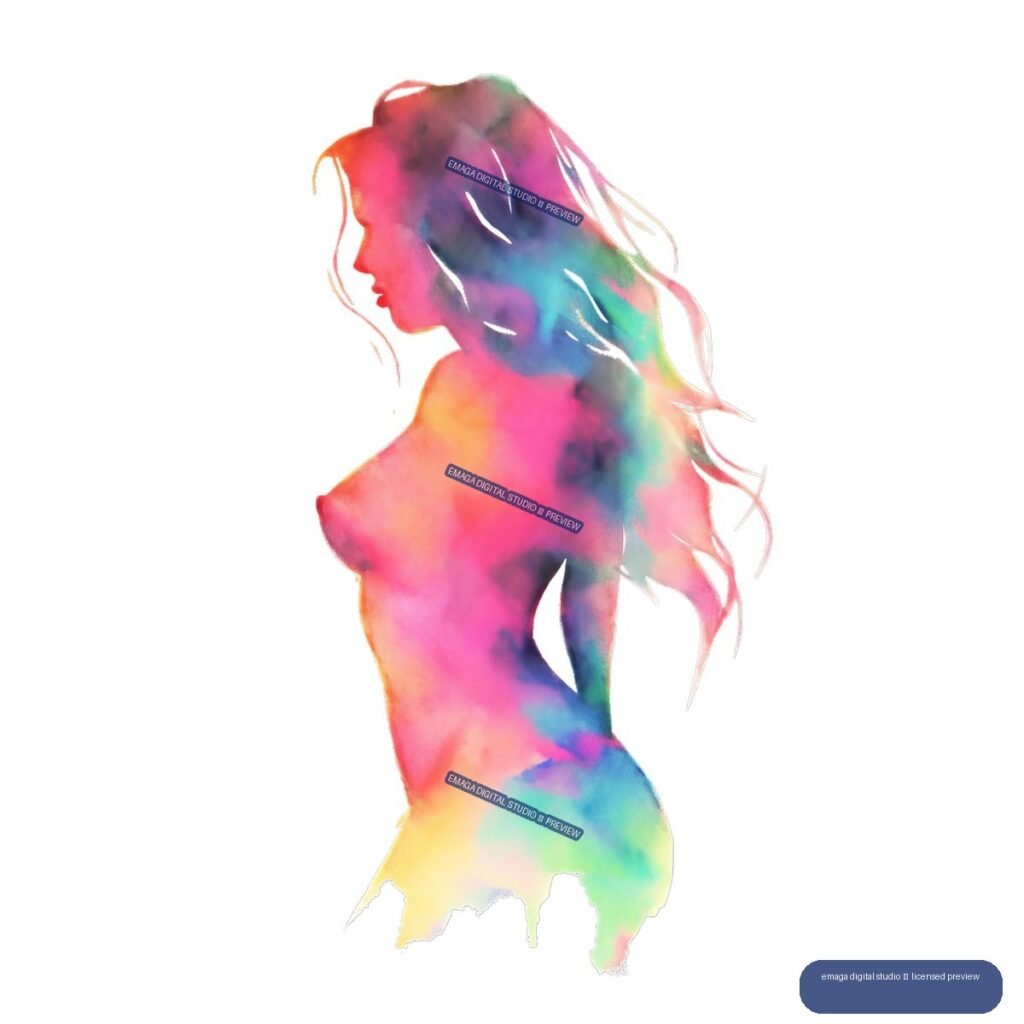 Colorful watercolor-style silhouette of a nude woman in profile with long flowing hair and a curved pose.