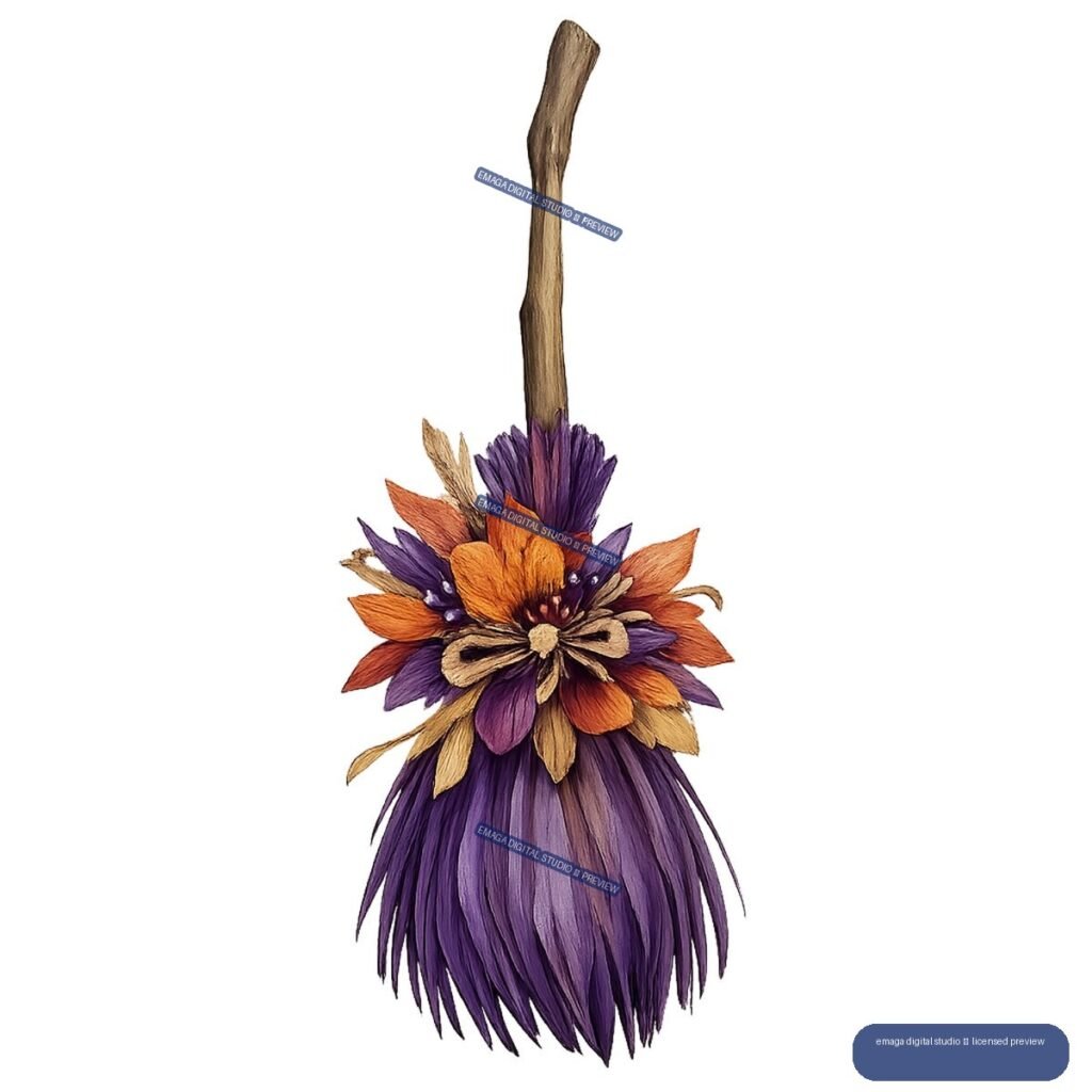 Decorative purple-bristled broom with orange, purple, and tan flowers around the handle base.