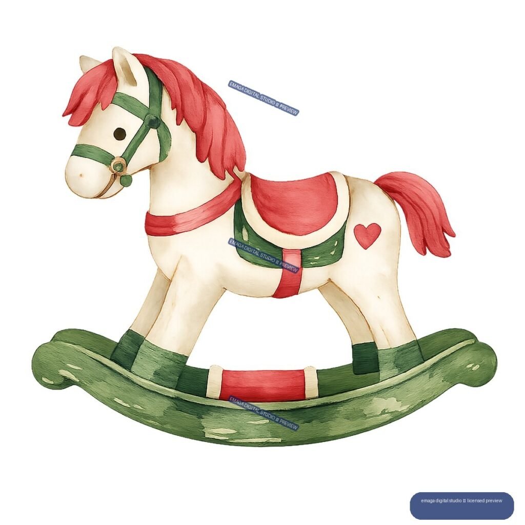 Watercolor illustration of a cream rocking horse with red mane, green bridle, festive saddle, and curved green rocker.