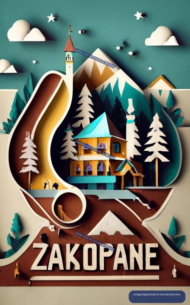 Stylized Zakopane travel poster with snowy peaks, church tower, chalet, evergreen trees, and large ZAKOPANE lettering.
