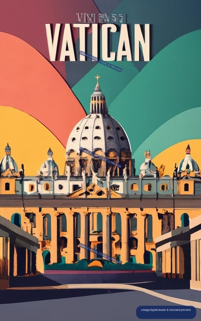 Stylized poster of Vatican City featuring St. Peter’s Basilica dome, colorful geometric shapes, and large VATICAN lettering.