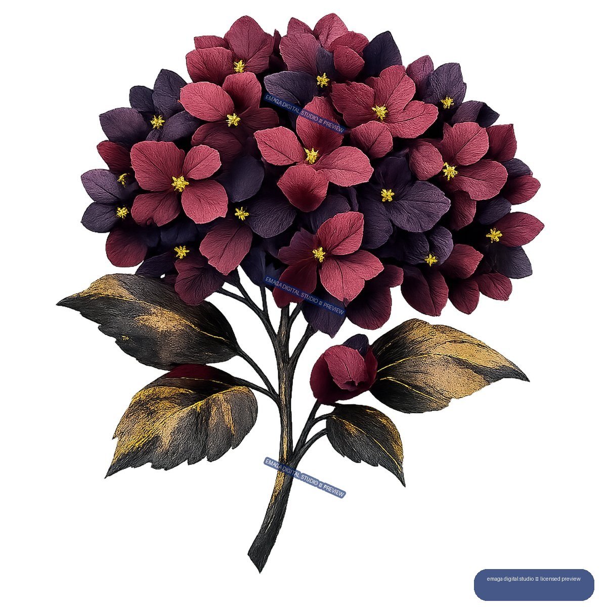 Clustered burgundy and dark plum flowers with yellow centers on black and gold-highlighted leaves and stems.