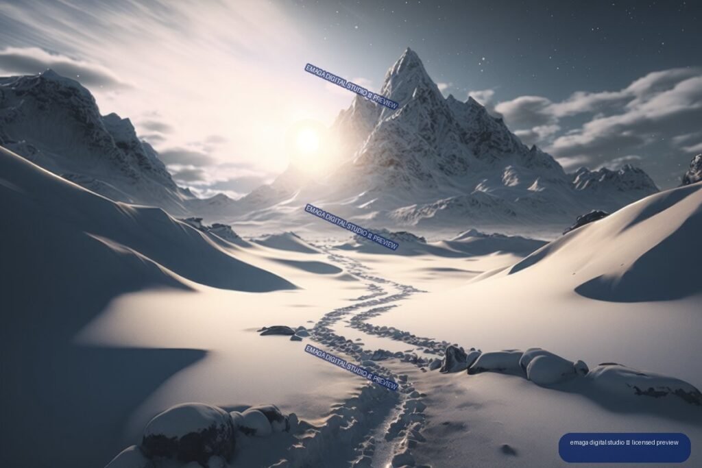Snow-covered mountain valley with a winding track leading toward a jagged sunlit peak beneath a cloudy sky.