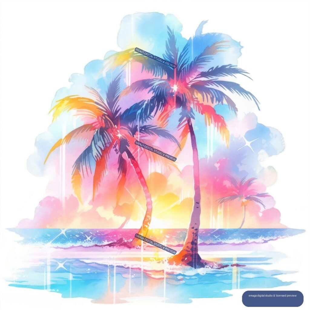 Colorful watercolor-style tropical sunset with several palm trees, ocean waves, and reflections.