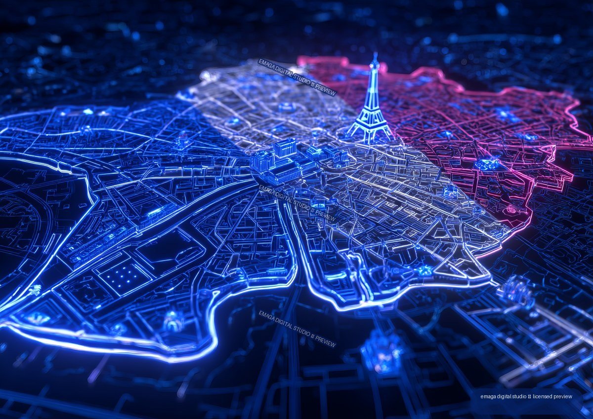 Glowing blue and magenta futuristic map of Paris with the Eiffel Tower near the center.