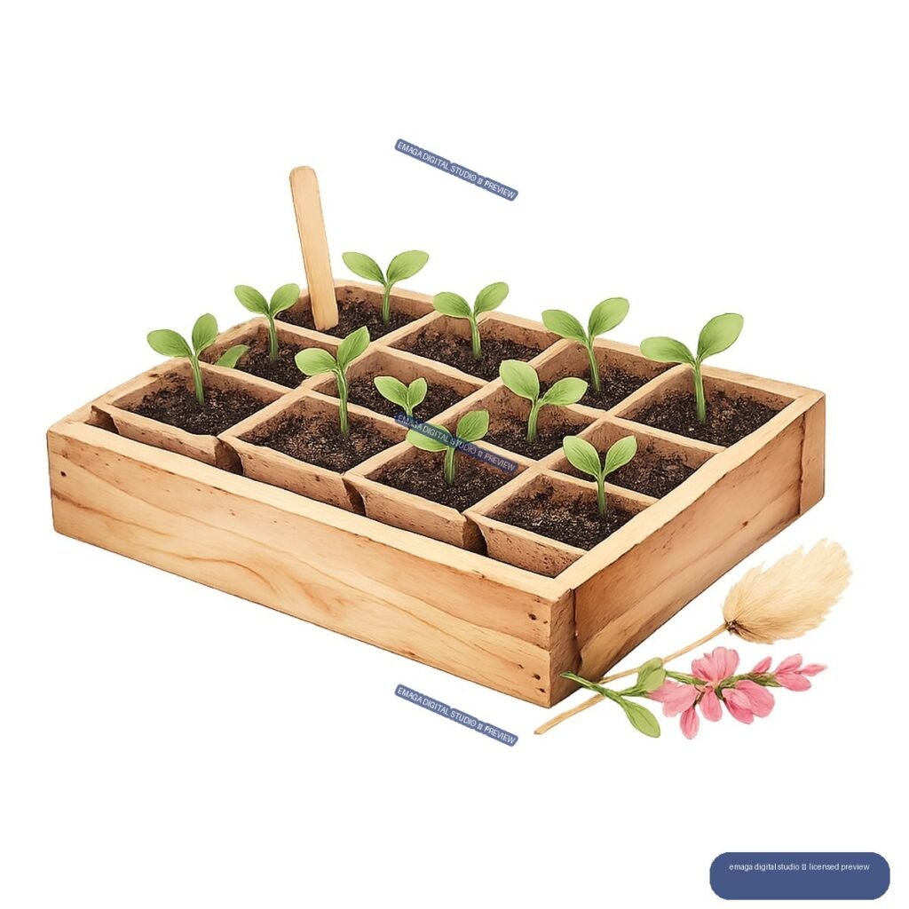 Wooden seedling tray with young green plants, a plant marker, a hand brush, and a pink flowering sprig.