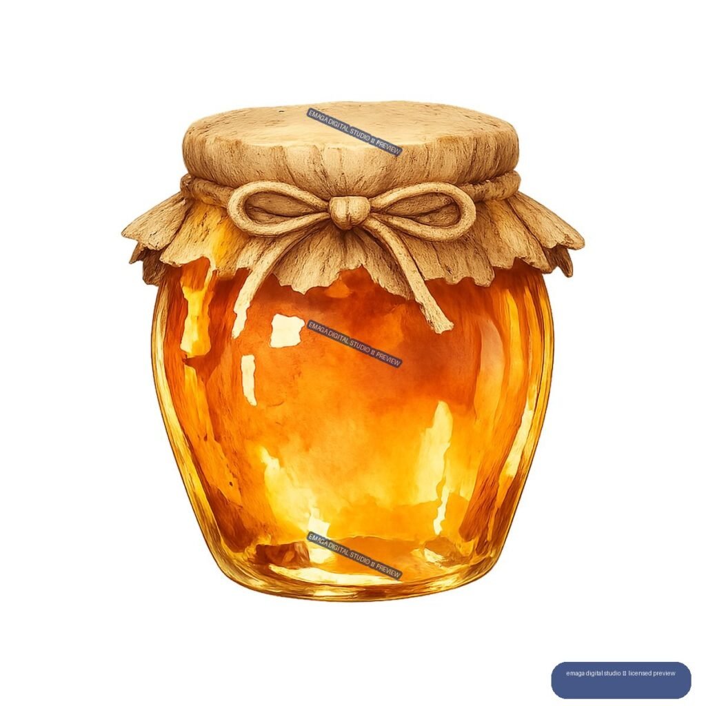 Golden glass honey jar with a scalloped cloth cover and tied bow, illustrated in warm amber and tan tones.