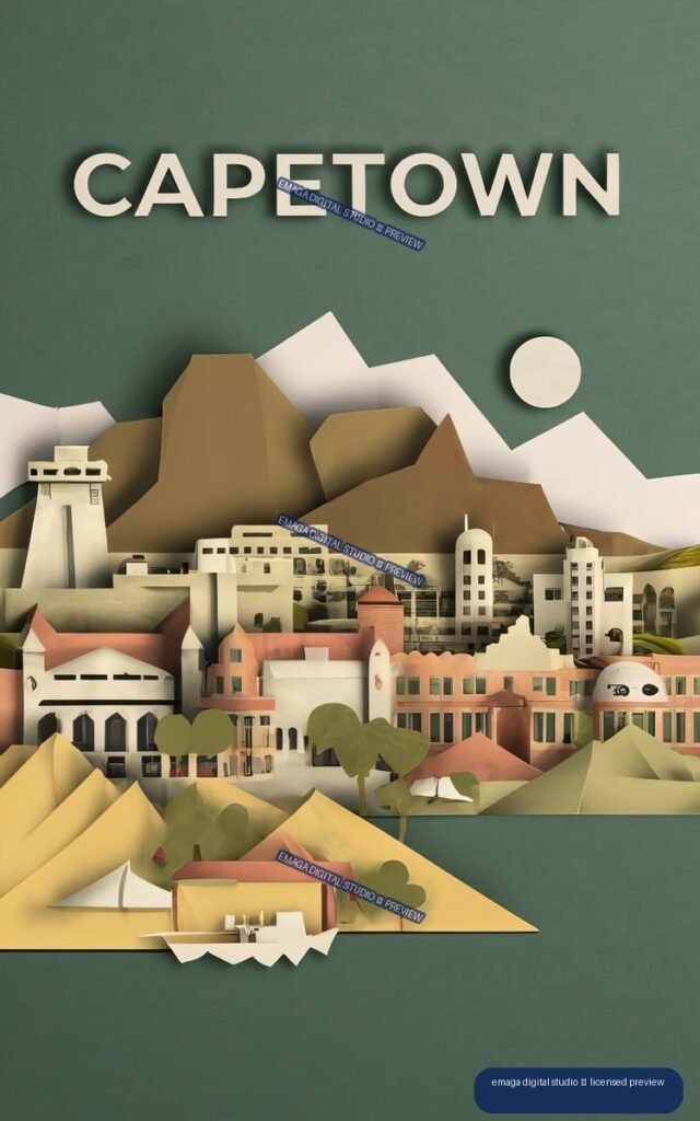 Layered paper-art collage of Cape Town with mountains, city buildings, a waterfront, boat, and CAPETOWN text.