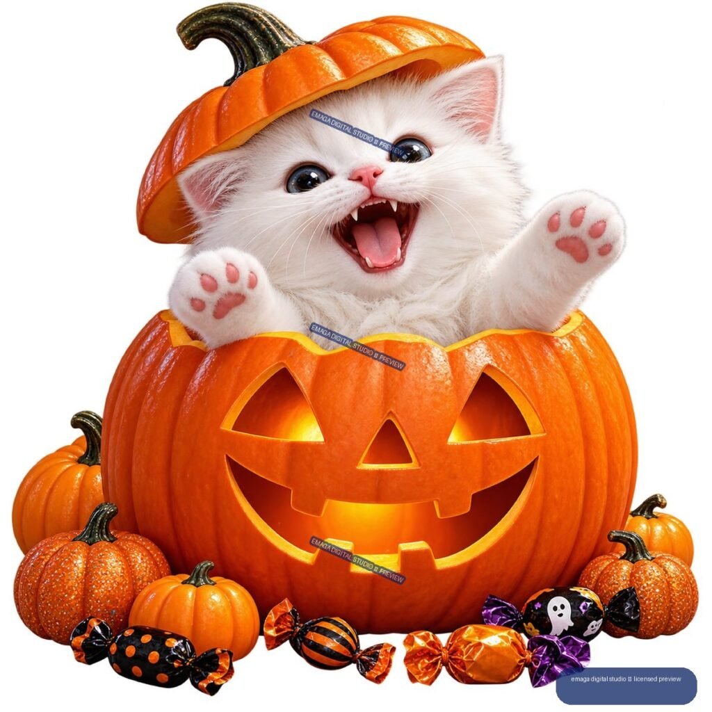 White kitten wearing a pumpkin hat and emerging from a glowing jack-o'-lantern, surrounded by small pumpkins and Halloween candy.