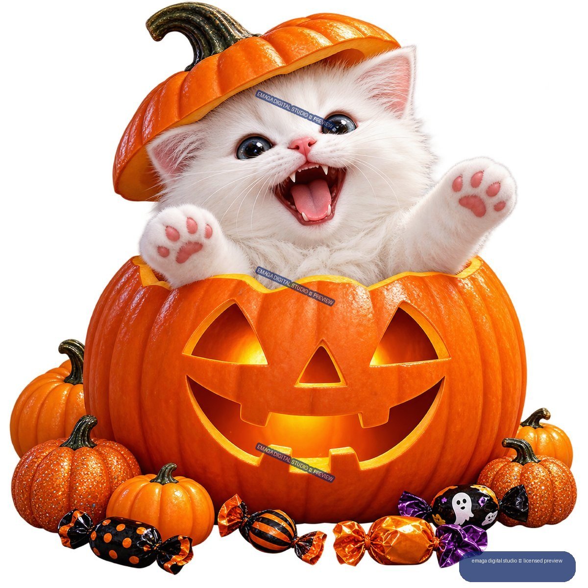 White kitten wearing a pumpkin hat and emerging from a glowing jack-o'-lantern, surrounded by small pumpkins and Halloween candy.