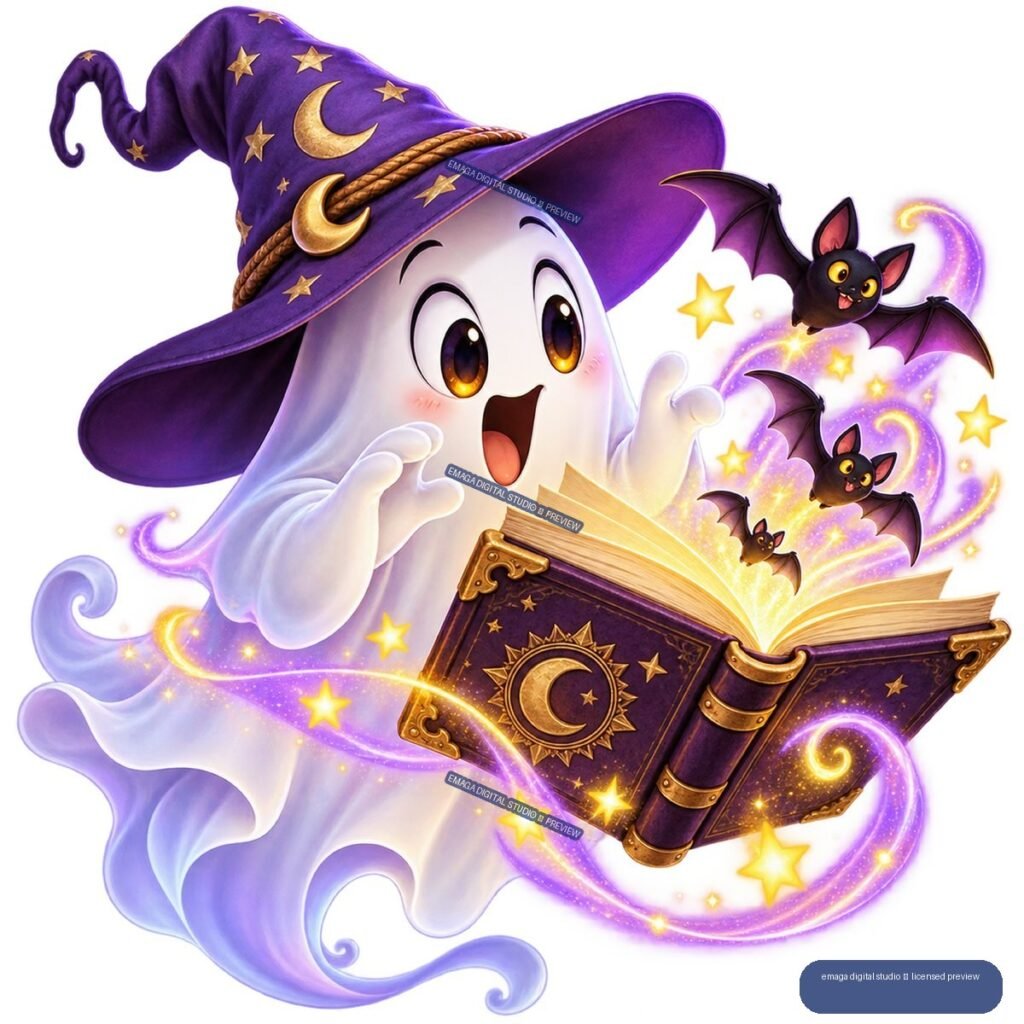 Cheerful ghost in a purple witch hat reading a glowing spellbook, with bats, stars, and magical swirls.