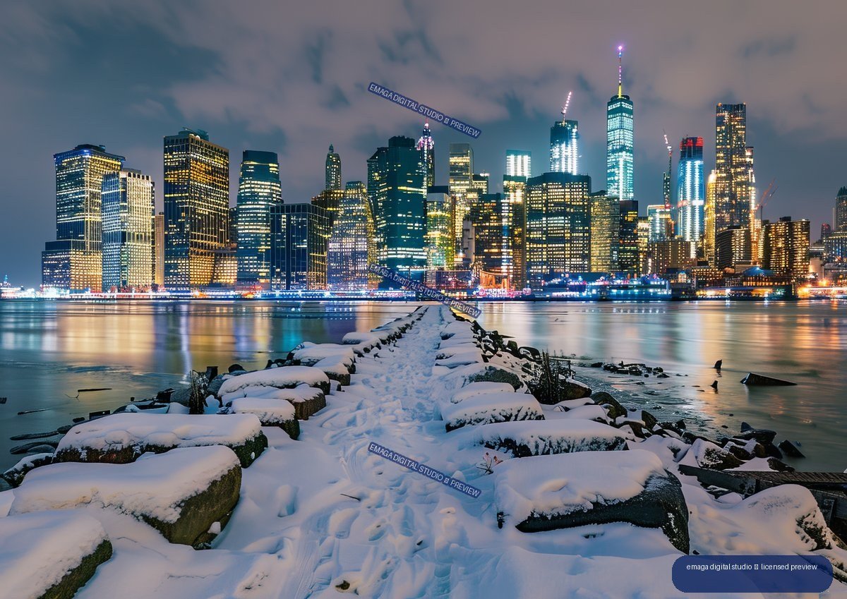Snow-covered rocky waterfront and path facing the illuminated Manhattan skyline at night, with One World Trade Center visible across calm water.