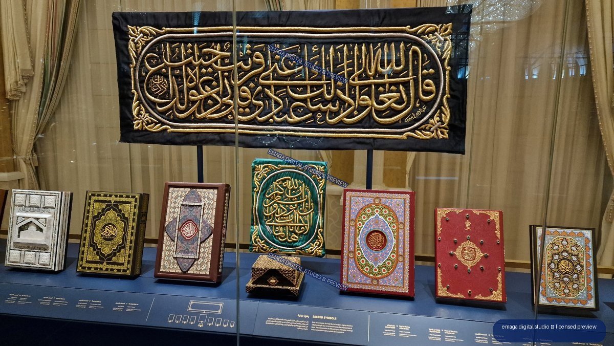 Ornate Islamic Calligraphy and Quranic Manuscripts in Museum Display — Qasr Al Watan, Abu Dhabi