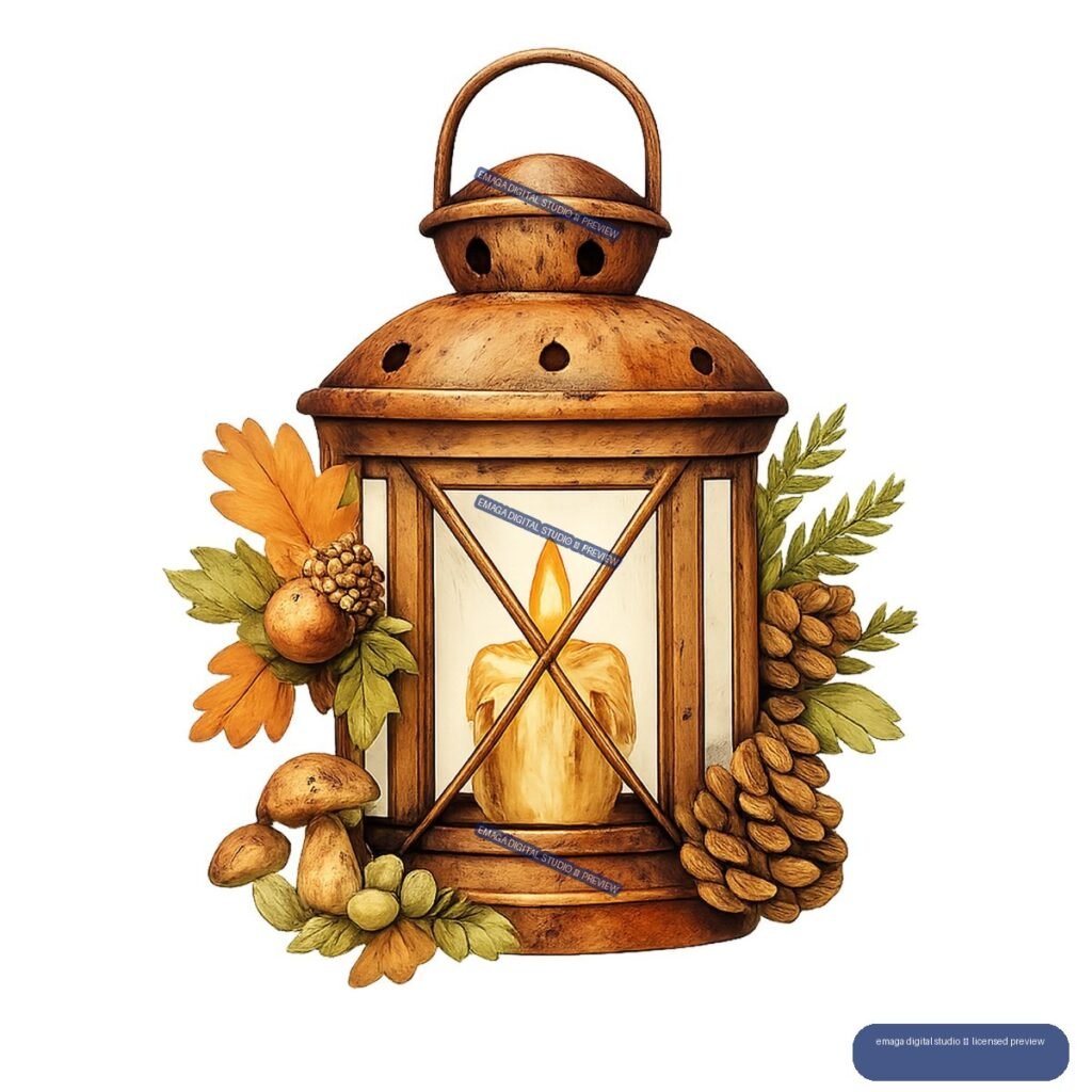 Decorative wooden lantern with a glowing candle, surrounded by autumn leaves, acorns, pinecones, and mushrooms.