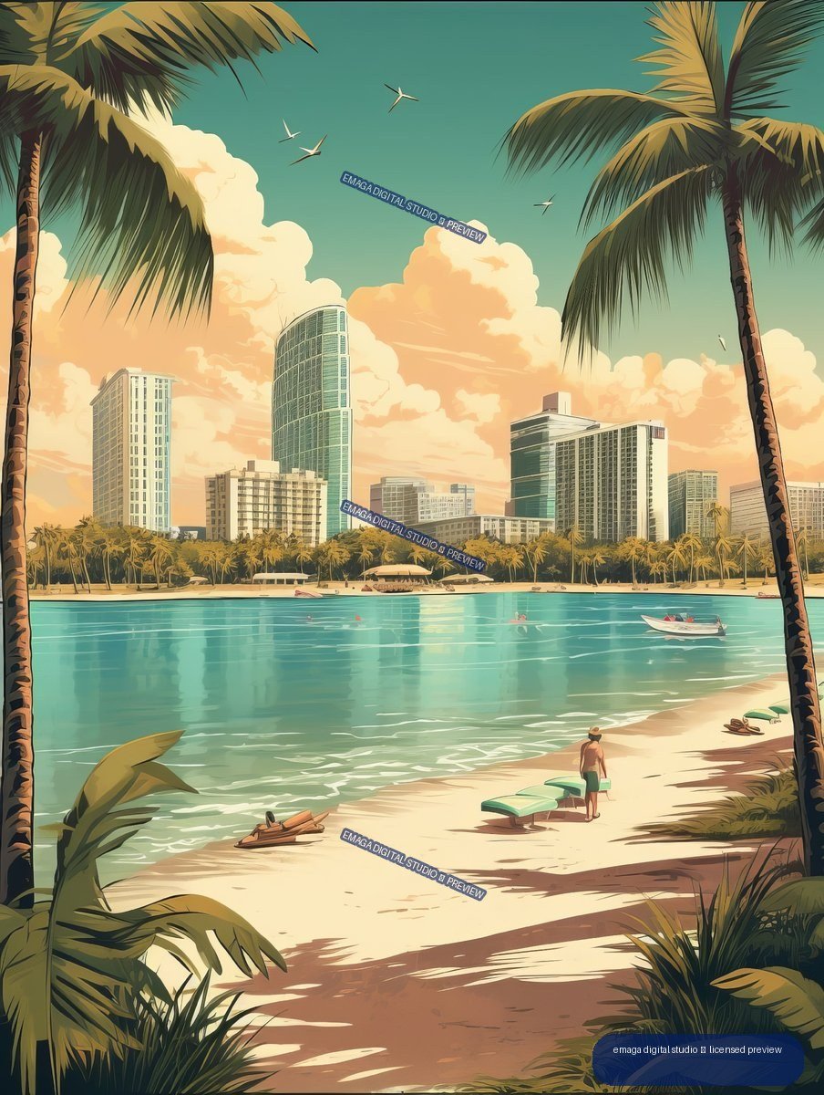 Vintage-style illustration of a tropical beach, turquoise water, palm trees, boats, and a modern city skyline beneath warm clouds.