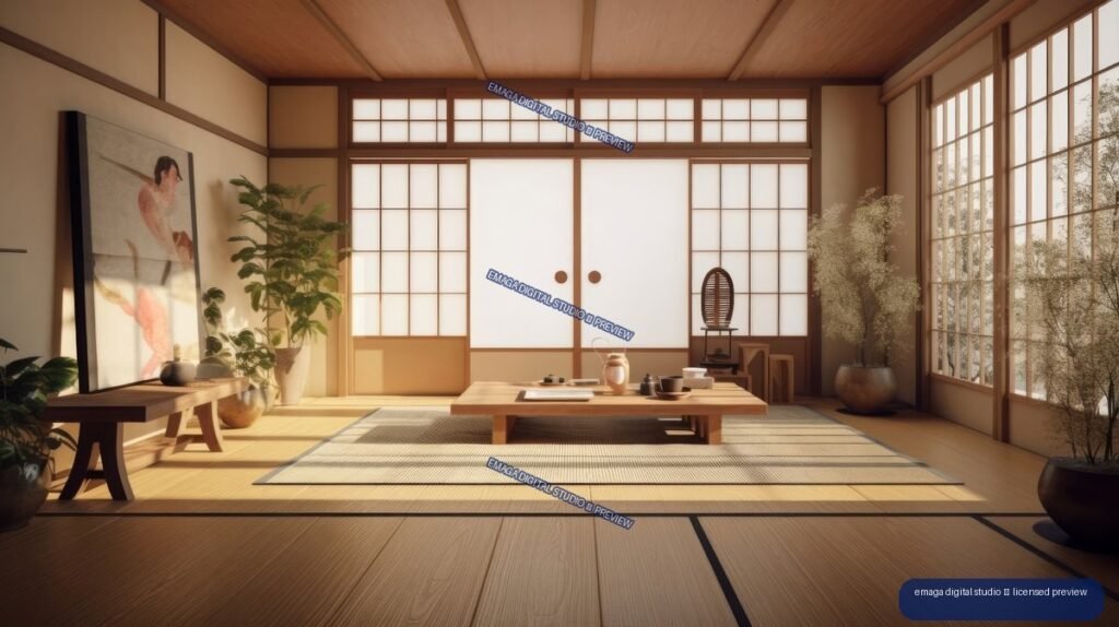 Warm minimalist Japanese-style living room with tatami mats, low table, shoji windows, plants, and sunlight.