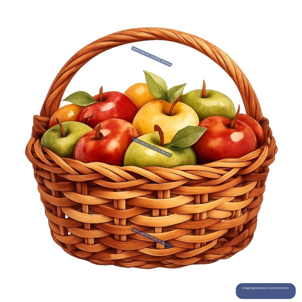 Illustrated wicker basket filled with colorful apples and leaves, isolated as a transparent cutout.