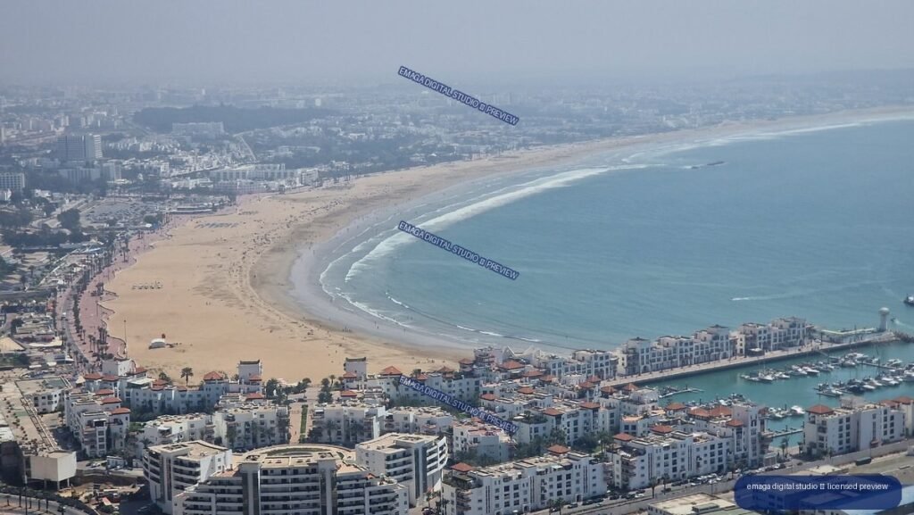 Aerial View of Agadir Beach and Coastline, Morocco