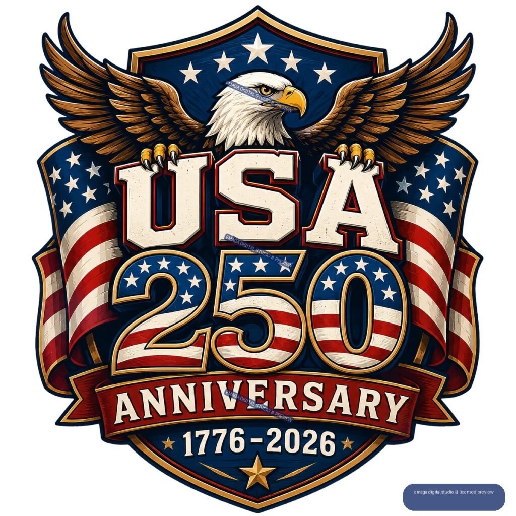 Patriotic emblem showing a bald eagle above USA 250 lettering, stars, striped ribbons, and the dates 1776–2026.