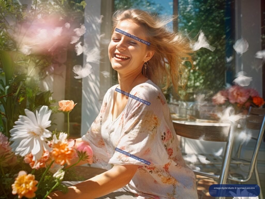 Smiling woman with windblown hair reaches toward flowers in a sunny garden setting.