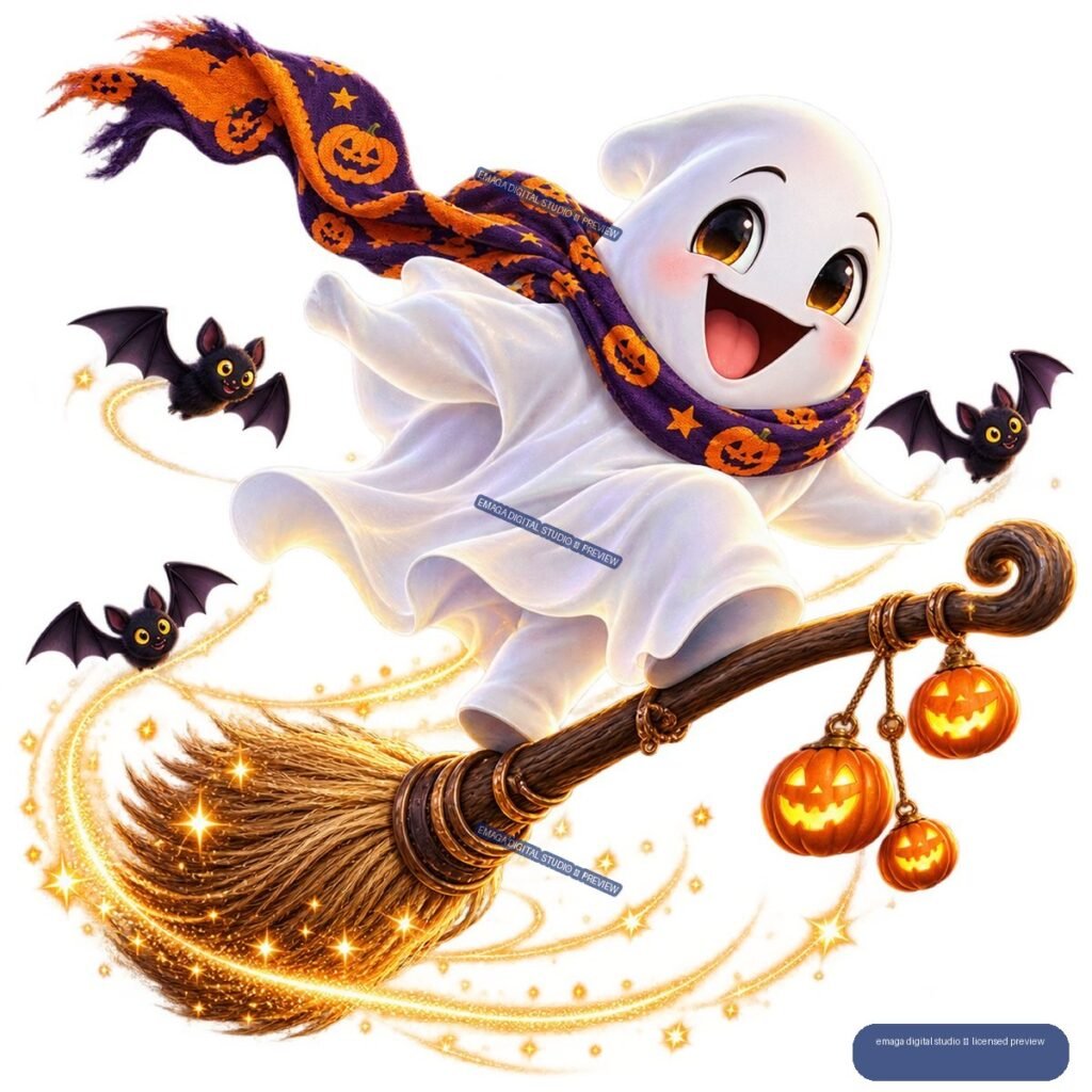 Cheerful white ghost in a Halloween scarf flying on a broom with bats, pumpkin lanterns, and golden sparkles.