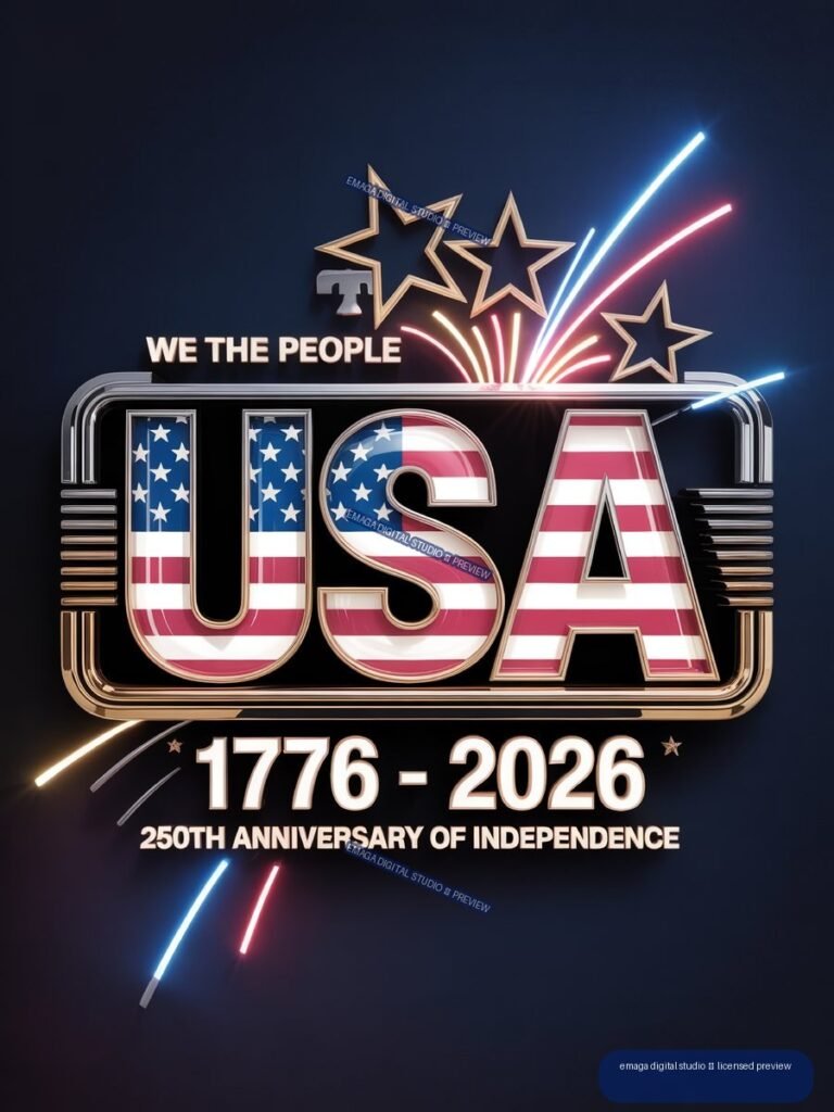 Patriotic USA anniversary graphic with star-spangled lettering, fireworks, and the text 1776–2026.