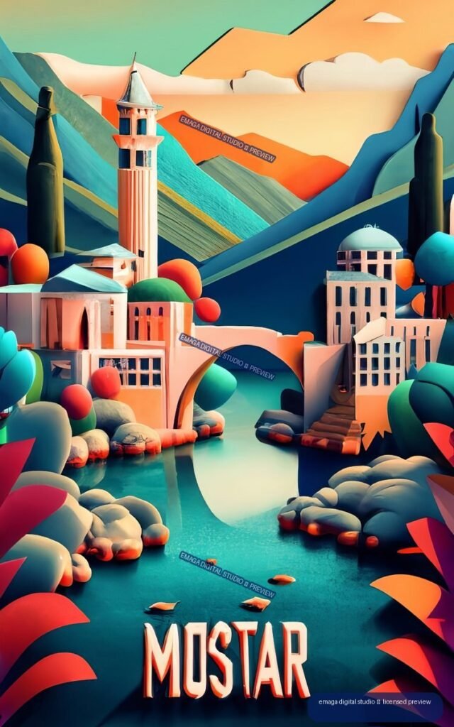 Colorful stylized poster of a domed mountain city beside turquoise water, labeled MUSTAR.
