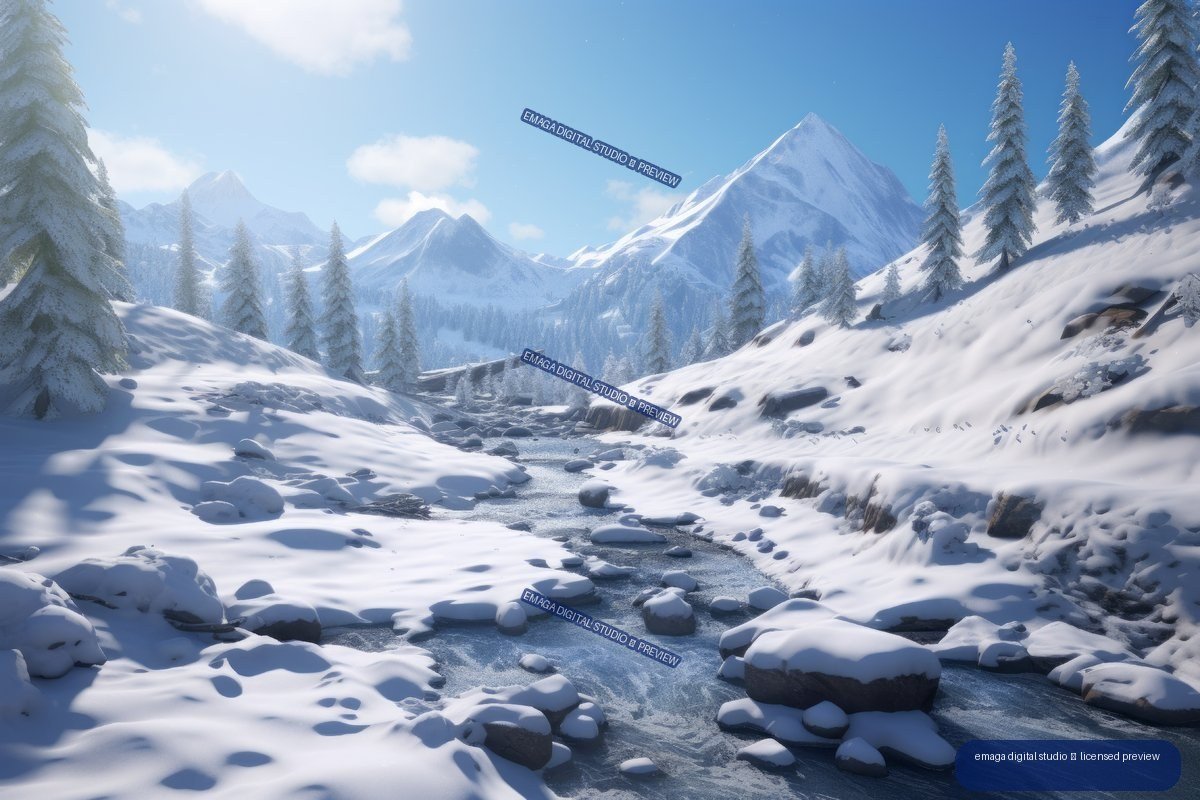 Snow-covered mountain valley with evergreen trees, a partially frozen rocky stream, and a small bridge beneath a blue sky.