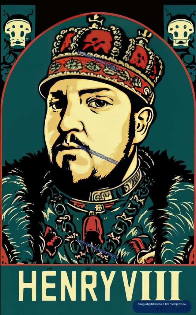 Graphic poster portrait of Henry VIII wearing a crown and fur-trimmed dark clothing, with teal, red, cream, and black colors and large HENRY VIII text at the bottom.