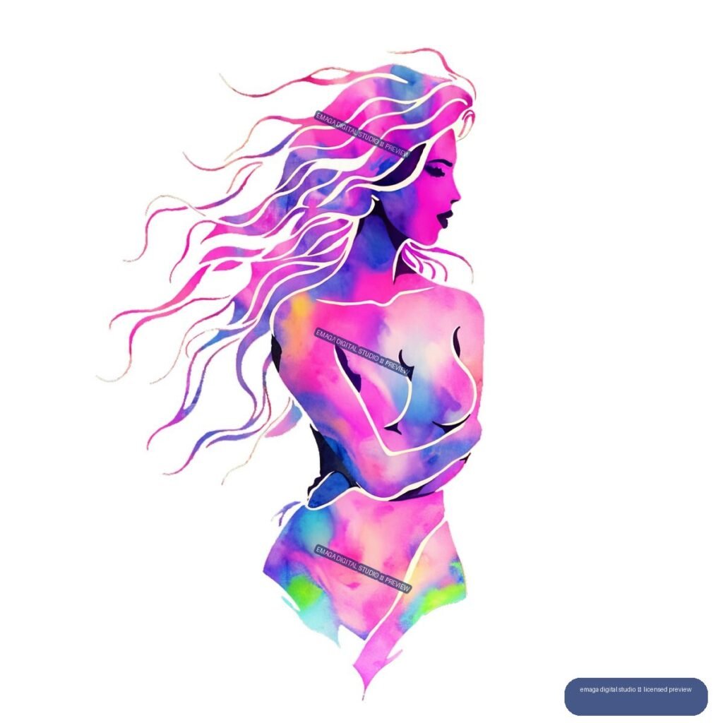 Colorful watercolor-style illustration of a nude woman in profile with long flowing multicolored hair.