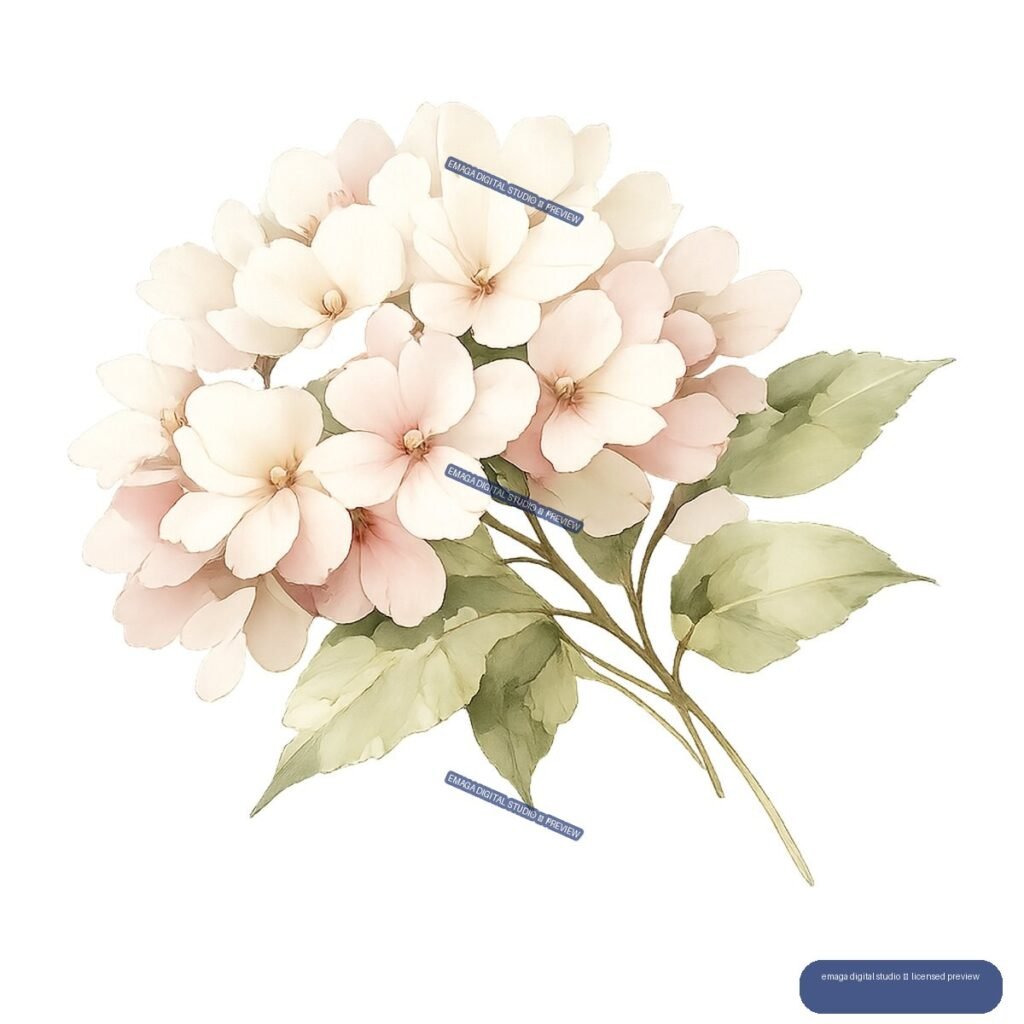 Watercolor bouquet of pale pink and cream flowers with green leaves and slender stems, isolated on transparency.