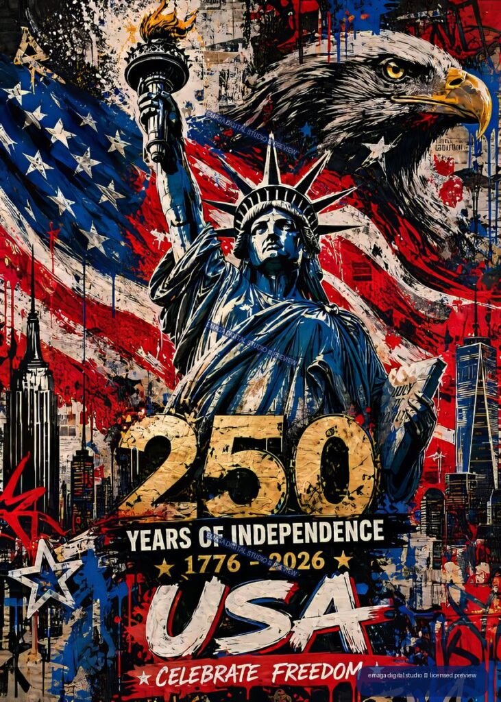 Patriotic poster showing the Statue of Liberty, a bald eagle, American flags, city buildings, and text commemorating 250 years of U.S. independence from 1776 to 2026.