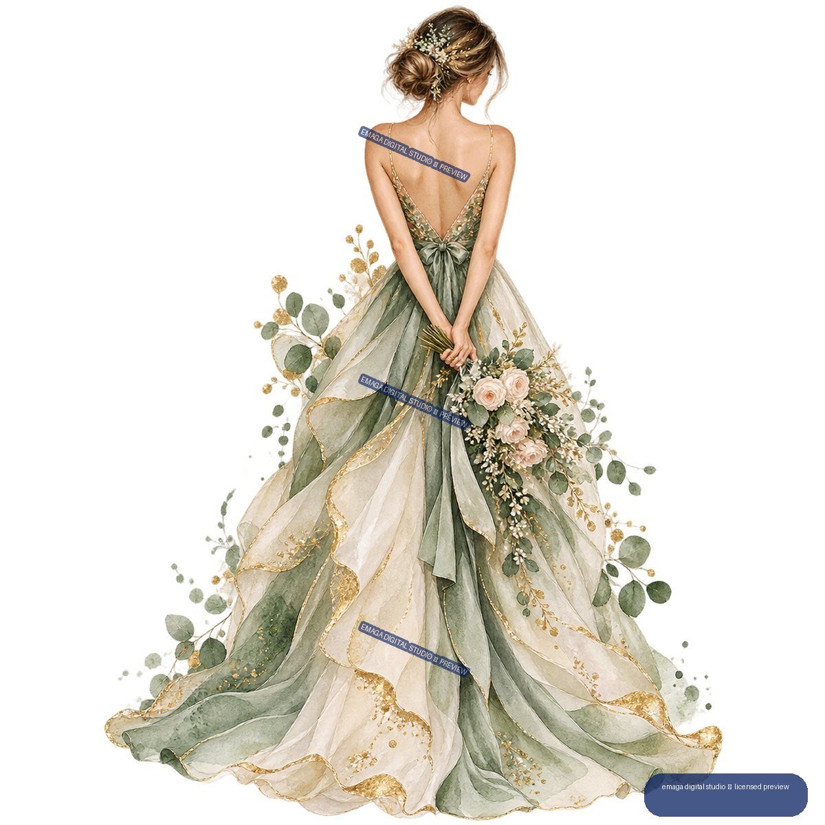 Watercolor illustration of a woman seen from behind in a flowing green and ivory floral gown with botanical decorations.